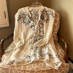 Johnny Was blouse with blue and grey embroidery